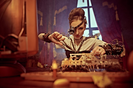Fantasy world. Beautiful steampunk lady scientist inventor works in her laboratory with Victorian...