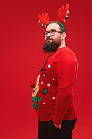 Portrait of a handsome fat hipster man with a beard and mustache standing in deer horns and red sweater on a festive red background.の写真素材