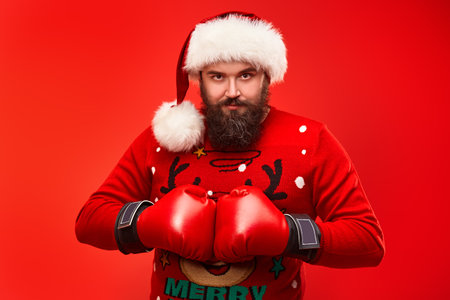 Portrait of a happy bearded hipster man wearing Santa's hat and boxing gloves seriously looking at the camera. Red background with copy space.の写真素材