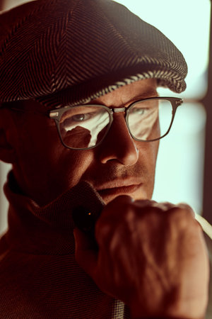 Close-up portrait of a handsome middle aged man in elegant clothes and accessories. Men's beauty, fashion. Optics style.の写真素材