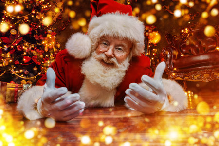 Jolly Santa Claus sneaked into the house through the fireplace and smiles. Beautiful home decoration. Merry Christmas and Happy New Year!の写真素材