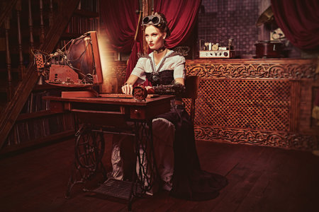 Beautiful steampunk lady scientist inventor works in her laboratory with Victorian interior.