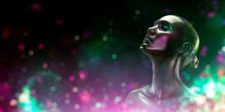 Body art project. Beauty portrait of a perfect woman with black skin and sparkling glitter on her...