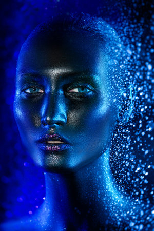 Close-up portrait of a beautiful woman with black painted skin and sparkling glitter on her face. Black background with splashing water. Makeup and cosmetics. Body art project.の写真素材