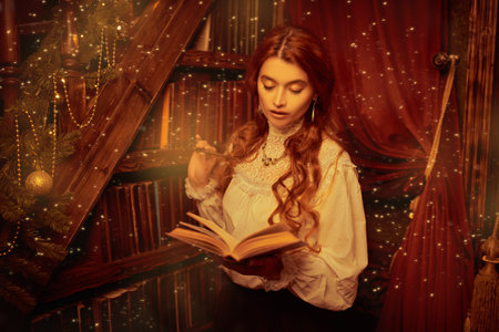 Christmas fairy tales. Beautiful red-haired woman stands in the home library and reads a book....