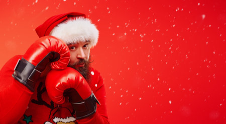 Portrait of an emotional bearded hipster man wearing Santa's hat and boxing gloves. Red background with snow and copy space.の写真素材