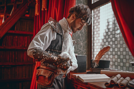 Adventure world of steampunk. Scientist steampunk man inventor works in his laboratory with Victorian interior.の写真素材