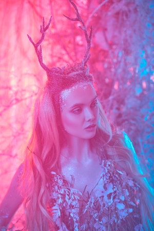 Fairytale character. Enchanting forest nymph in a magical winter forest. Sunset in the background.の写真素材