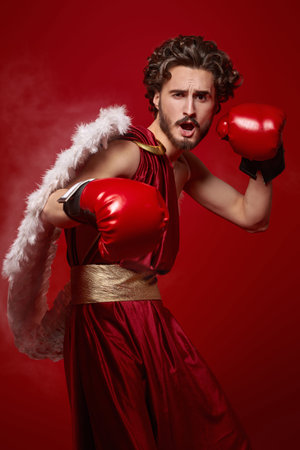 Humorous skinny Cupid in boxing gloves demonstrates his fighting spirit. Studio portrait on a red...