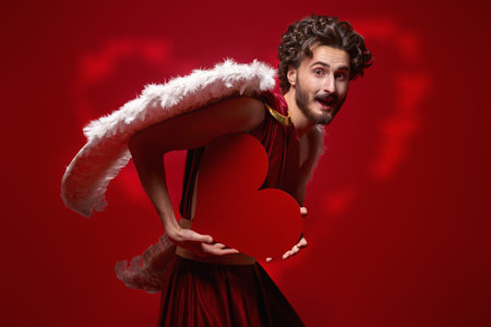 Love and Valentine's Day. Handsome Cupid holding a red heart and is surprised. Studio portrait on a...