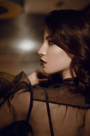 Portrait of a beautiful brunette young woman in fashionable black clothes from the back. Beauty, fashion concept. Glamorous lifestyle.の写真素材