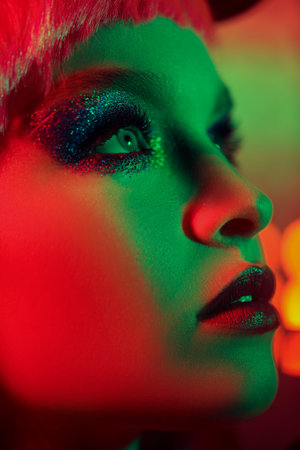 Close-up portrtait of a stunning fashion model girl with bright glitter make-up and pink hair in...