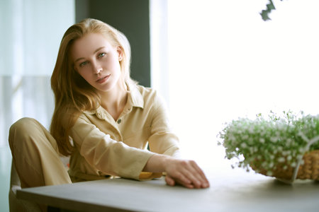 Portrait of a beautiful blonde girl sitting relaxed at a table in her living room. Happy people and lifestyle concept.の写真素材