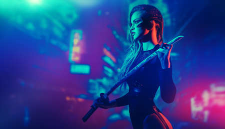 A beautiful and brave sci-fi cyborg samurai girl stands with a sword in her hands against the backdrop of the night city of the future. Game, virtual reality.の写真素材