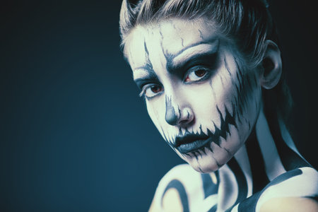 Close up portrait of a beautiful young woman with Halloween skeleton makeup over dark blue...
