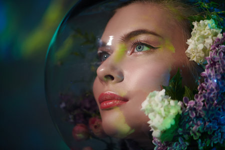 Air pollution, environmental disaster. Beautiful girl in a spacesuit filled with flowers looks up...