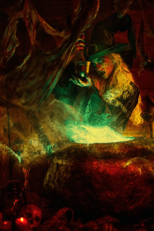 Scary tales. Horrible old witch brews potion in her cauldron surrounded by magical green and red...