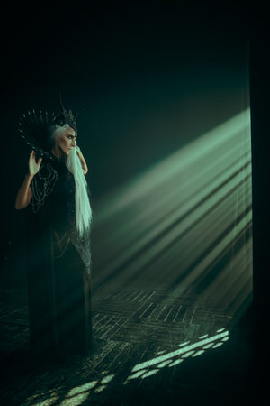 Fantasy World. A beautiful majestic black queen, a witch in a rich headdress and a rich black dress,...