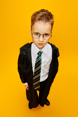 Happy Halloween! Smart boy in black suit and a cloak with glasses is posing on a yellow background...
