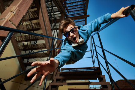 Active modern young generation. Emotional boy teenager jumps towards the camera from the stairs...