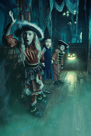 Happy children in carnival costumes celebrate halloween in the old castle. Halloween.の写真素材