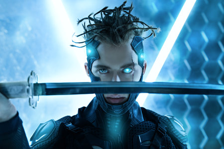 A brave sci-fi cyborg samurai man in a protective suit fights with sword in his hand in neon light....