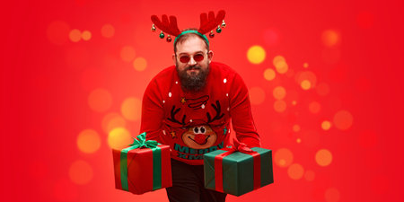Handsome mature bearded man holding gift boxes over festive red background and smiling at camera....