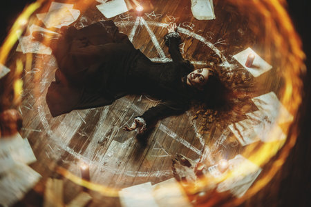 A portrait of a scary witch lying on the floor in the ring of fire in the wooden house. Magic, dark...