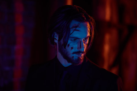 Portrait of a wounded action hero man on his face with bloody scars in multicolor light of the night...