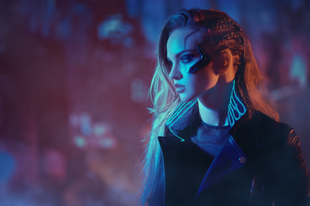 A beautiful cyberpunk girl stands against the backdrop of the night city of the future. Cyberpunk...