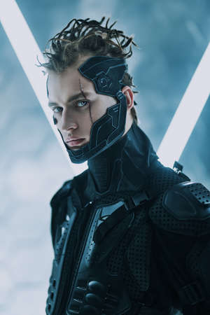 Portrait of a militant cyberpunk warrior in a protective suit looking at a camera. World of the future. Game, virtual reality.の写真素材