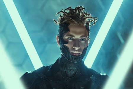 Cyberpunk warrior touches digital hologram in neon light. The world of the future. Game, virtual reality.の写真素材