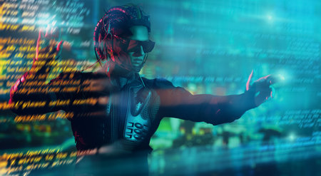 Cyberpunk warrior touches digital hologram in neon light. The world of the future. Game, virtual reality.の写真素材