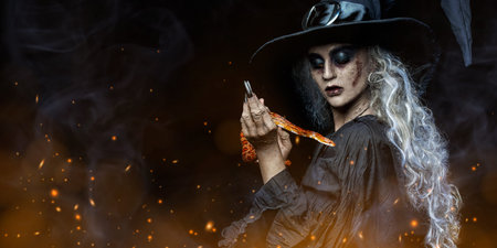 A scary ugly witch stands in an abandoned witch's den. Halloween. Scary tales.