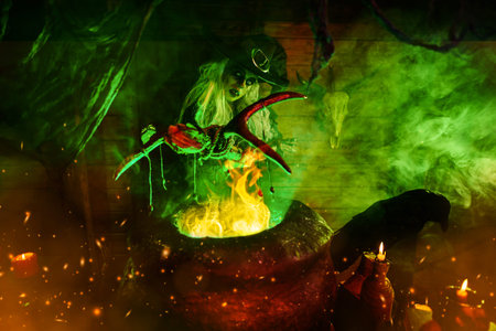 A scary ugly witch stands in an abandoned witch's den. Halloween. Scary tales.