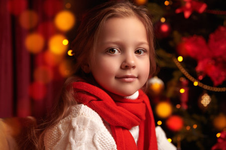Christmas and New Year. Portrait of a prettty little girl in white knitted sweater and red scarf...