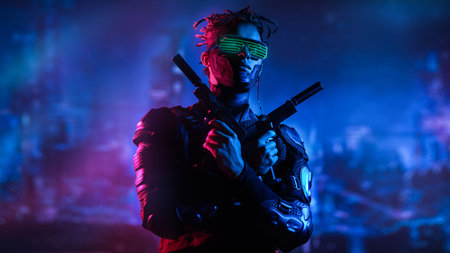 A courageous cyberpunk warrior fights with guns in his hands against the backdrop of the night city...