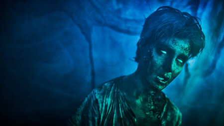 Halloween. Portrait of a scary zombie boy teenager standing in a smoke on a spooky background....