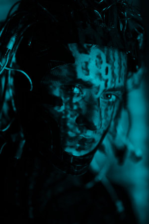 Close-up portrait of a cyberpunk warrior of the future looking at a digital hologram in blue...