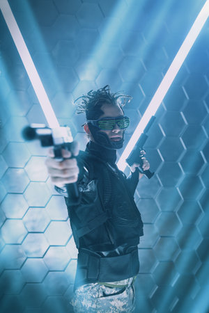 Militant cyberpunk warrior in a protective suit fighting with automatic guns in his hands in neon...