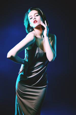 Evening makeup and hairstyle. Portrait of an elegant young woman posing in an evening dress and...