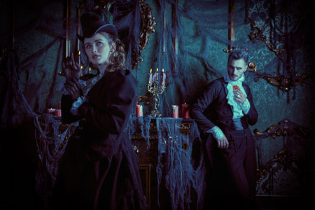 Vampires of the 19th century. Portrait of a beautiful young innocent lady finding herself in a...