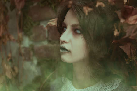 A frightening ghost girl with faded eyes and black hair stands alone among the withered foliage against a ruined wall, surrounded by fog. Horror film, thriller. Halloween.の写真素材
