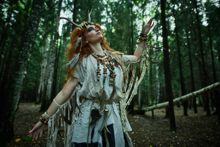 Portrait of a shaman woman in ethnic dress and deer antlers headdress performing a mysterious ritual dance in a forest. Fairy forest witch. Fantasy. Halloween.の写真素材