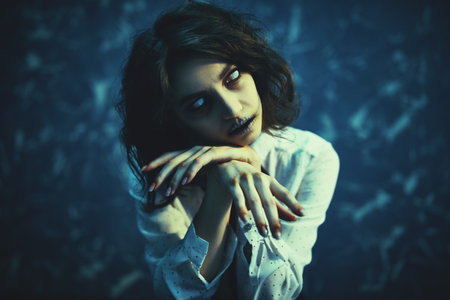 Halloween. Horror. A cute and terrible ghost of a girl with faded eyes posing on a vintage...