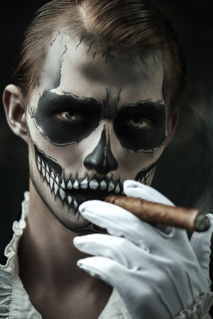 Close up portrait of a handsome elegant man with skull makeup smoking a cigar on a grunge background. Dia de los muertos. Day of The Dead. Halloween.の写真素材