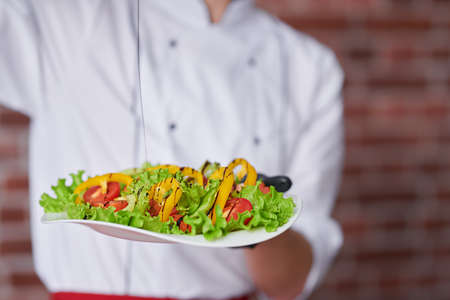 Professional male chef cook in uniform shows a dish with fresh salad. Food and meals. Healthy eating.の写真素材
