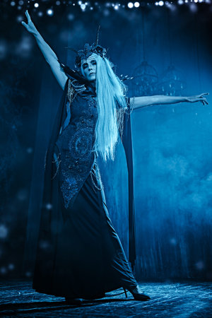 Black Queen, Witch. A portrait of a stately and beautiful old woman with long gray hair, posing in...