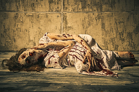 A terrible disfigured woman, possessed by the devil lies in a dark room covered in blood after the ritual of exorcism. Creepy zombie woman. Horror, thriller. Halloween.の写真素材