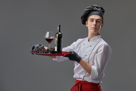 Young exquisite professional male chef holding a tray with a glass of red wine, bottle and bunch of red grapes. Excellent red wine.の写真素材